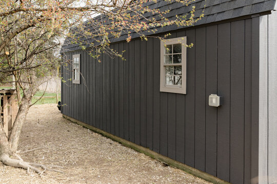 A freshly painted barn in the spring for chickens. 