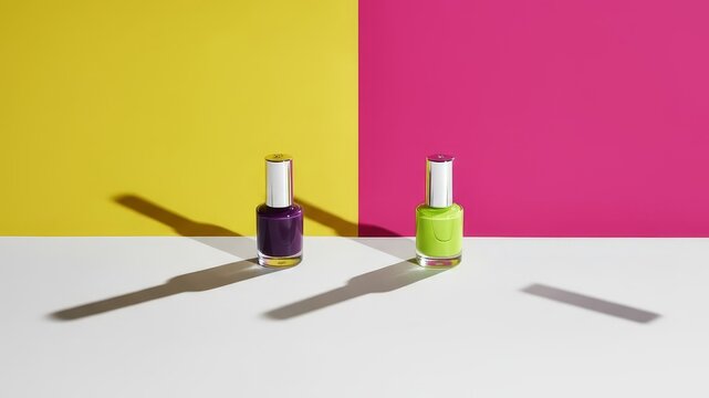 Purple and green nail polish on bold color block background.