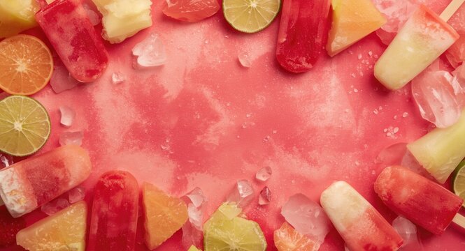 Top view of colorful Mexican style margarita paletas popsicles in raspberry lime and honeydew flavors with copy space