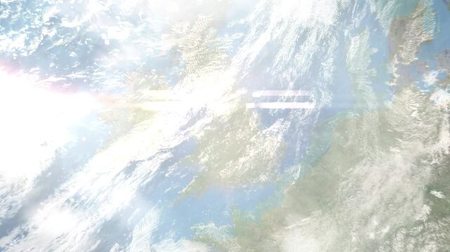 Earth zoom in from space and focus on Stockport, England, North West England, Great Britain. Background for travel intro or blog. Satellite view. 3D style Animation. Images from NASA.