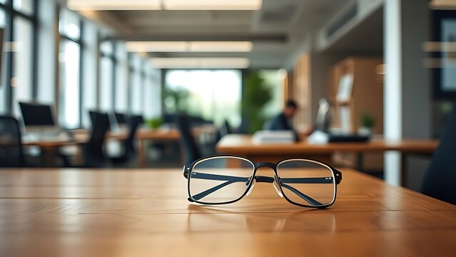 afterhours. A clean wooden desk with eyeglasses, set in a quiet after-hours office atmosphere. pitch deck slides, case study pages, designed for brand storytelling and e-commerce strategy.