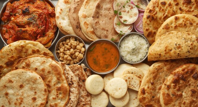 Mixed Indian flatbreads platter including tandoori roti kulcha chapati and paratha varieties