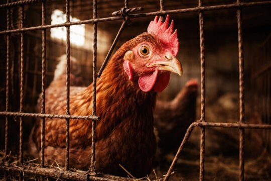 A curious chicken inside a rustic brown wire cage