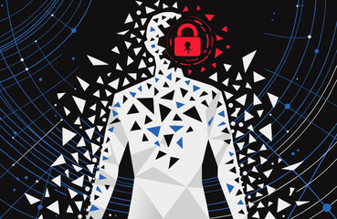 Humanoid form composed of geometric shards and circuits disintegrating with a red digital padlock overlay symbolizing data security concerns and cybersecurity threats.