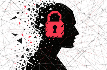 Head profile of a person disintegrates into geometric shapes, featuring a prominent red padlock inside the head, representing mental lockdown, security breaches, or a mind under surveillance.