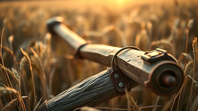 flail. An old, worn flail discarded in a wheat field with textured wood and leather. safety posters, maintenance manuals, designed for precision metalworking and fabrication facilities.