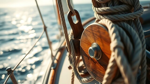 aperture. Sailboat ropes pulled taut by wind with a wooden pulley in dramatic light. mobility guides, transit brochures, designed for transport & logistics marketing, supports logistics messaging.