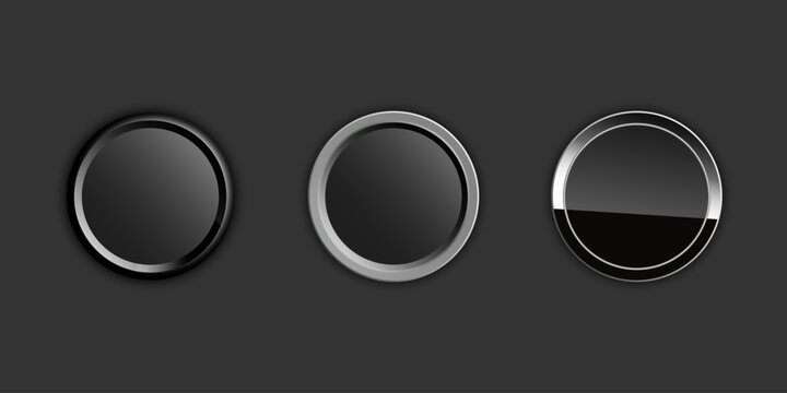 Vector set of glossy black and metallic round buttons with chrome frames. Realistic 3D design elements for web and app UI UX.