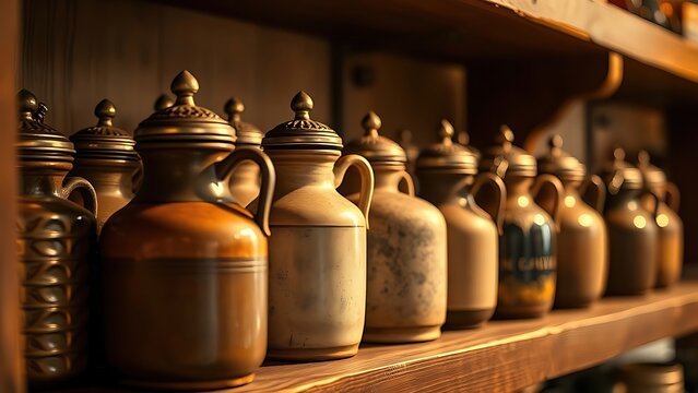 flagons. Rustic ceramic and pewter flagons with lids on wooden shelf in warm light. bar promotions, beverage menus, designed for product packaging and bar promotions, used by marketing managers.