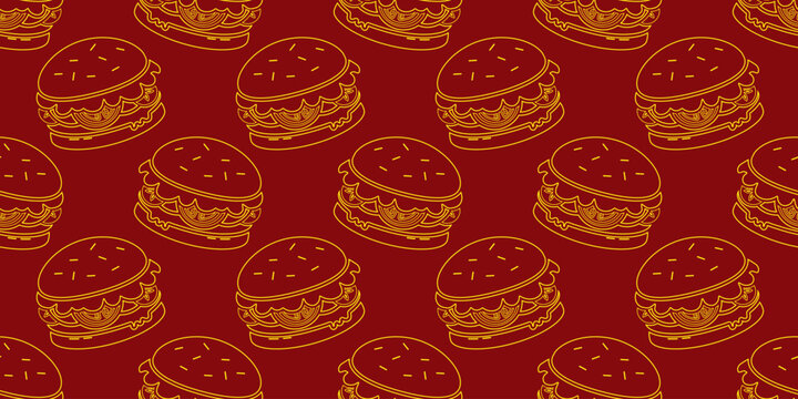 seamless pattern of burger vector illustration. outline style burger on red background