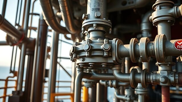 wellhead. Close-up of an industrial wellhead assembly with intricate steel pipes. safety posters, maintenance manuals, designed for precision metalworking and fabrication facilities.