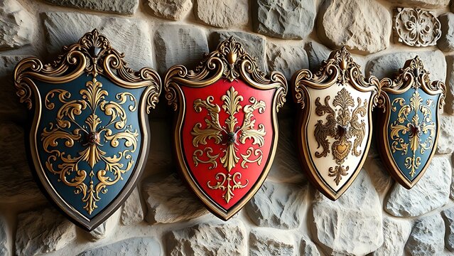 warden. Ornate heraldic shields with similar patterns in distinct colors, mounted on a textured stone wall. event programs, museum guides, designed for cultural heritage projects and event programs.