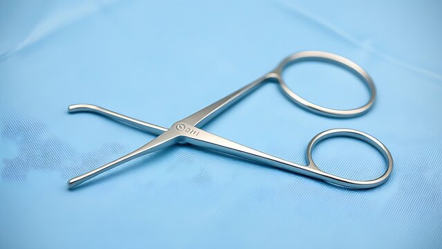untwisted. A stainless steel hemostat on a blue surgical drape. STEM education sheets, lab safety posters, designed for biotech research communications, used by devops engineers.