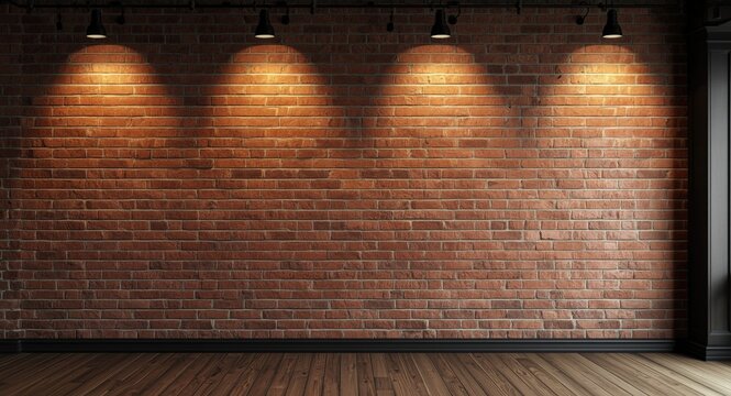 Vintage red brick wall featuring roughcast texture with illuminated copy space in a modern interior