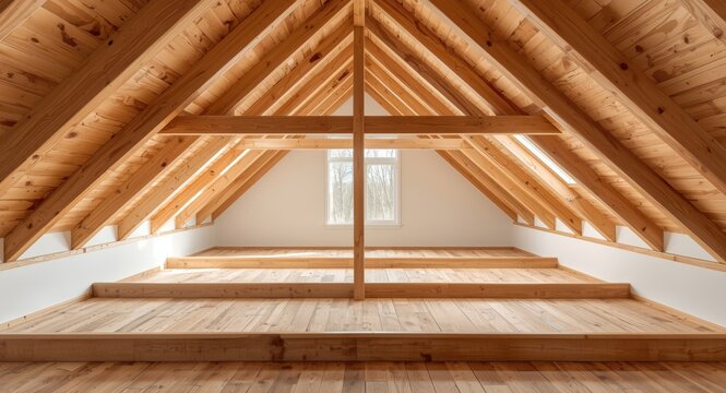 Wooden beam attic loft renovation showing roof construction and daylight flooding the space