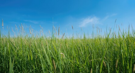Fototapeta premium Refreshing meadow scene showcasing dense grass and bright blue sky