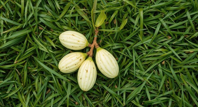 High viewpoint of white noni fruit mature on green grass showcasing herbal remedy usage