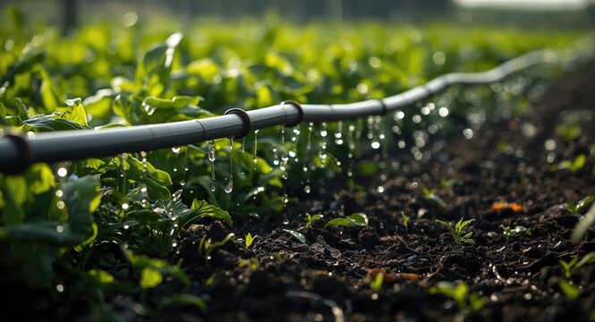 Macro view of drip irrigation pipe providing water to plantation vegetation