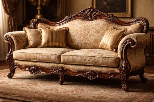 Antique Biedermeier style sofa with detailed wood carvings and vintage fabric upholstery