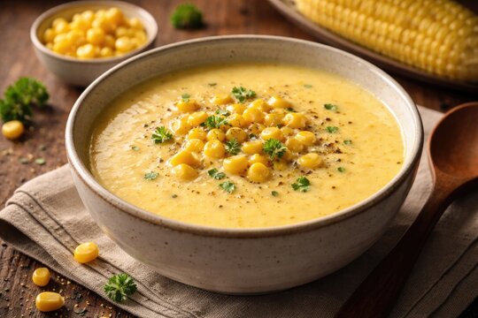 A fresh bowl of creamy corn potage soup served warm