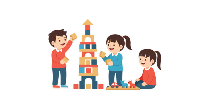 Three happy children are playing together with wooden blocks and toys, building a tall colorful tower on a clean white background.