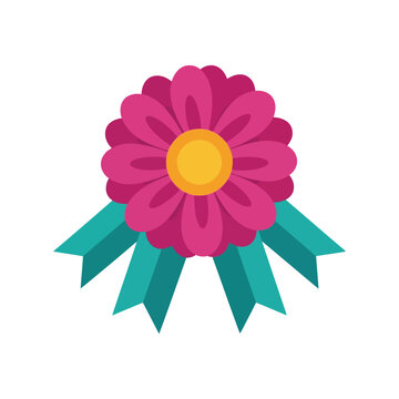 Award flower vector pattern with pink rosette and teal ribbon in flat cartoon style
