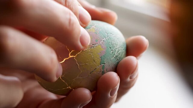 Delicate Hands Gently Peeling a Cracked Multi-Colored Egg Shell