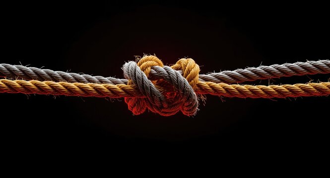 Various bright ropes knotted to show the process of untying complex relationships in business collaboration