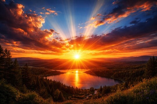 Vivid orange and blue sky at sunset with radiant sun rays over natural landscape background