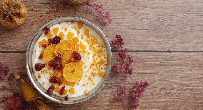 Khir dessert with dried fruit garnish popular during Eid and festive times