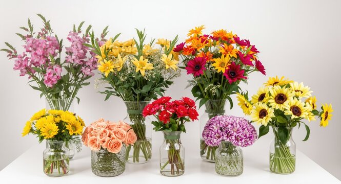 Varied colorful fake flowers displayed in decorative glass vases on a pure white backdrop featuring different floral types and a joyful home environment