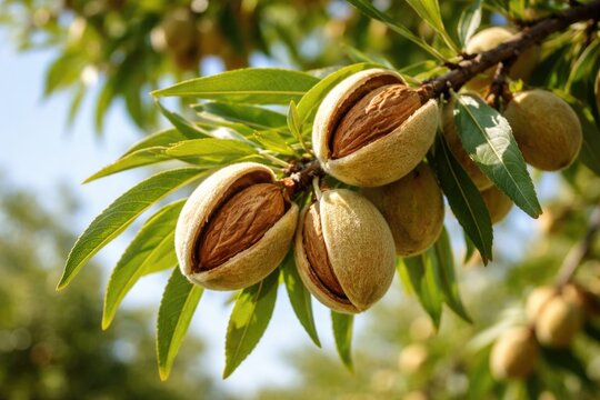 Close up of almond tree with ripe nuts on a sunny summer day