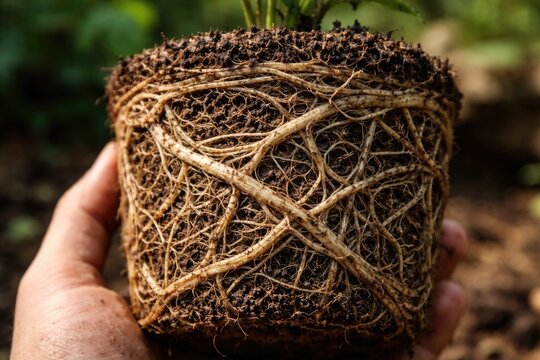 Close up view of constricted plant roots showing root bound condition