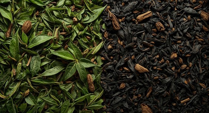 Tea leaves assortment including lively green tea and robust black tea