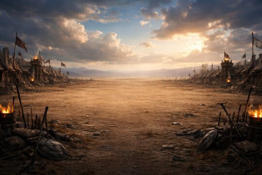 Empty battlefield arena illustration on flat terrain with open copy space and sky background