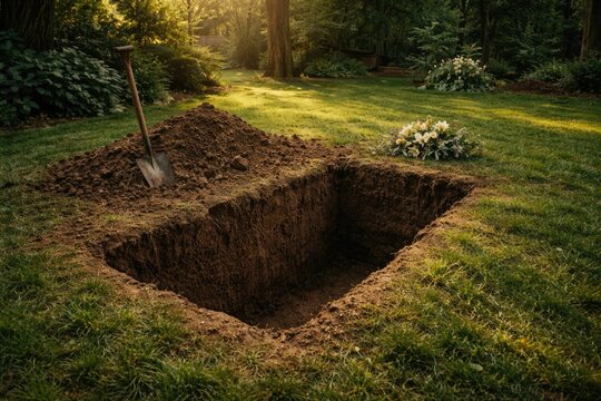 A peaceful backyard scene with a freshly dug grave pit surrounded by lush green grass