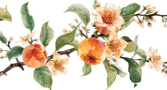 Watercolor artwork of Chinese fig peaches with flowering branches and leaves on white for product label and skincare design