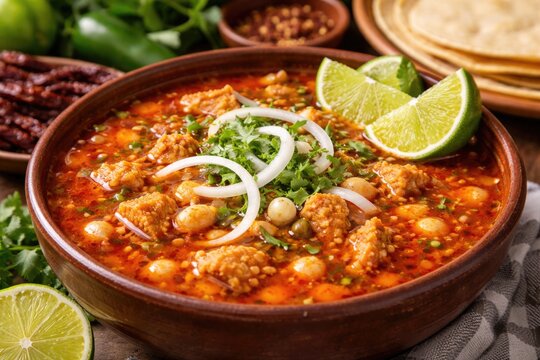 Traditional Mexican menudo soup garnished with fresh lime wedges and sliced onions