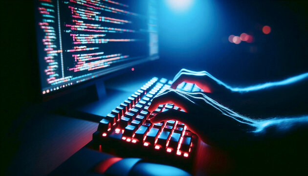 A creative coders flow state: hands hovering over a mechanical keyboard with code glowing on a dark screen, Ai generated image