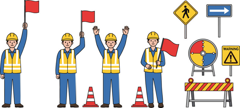 Set of Construction Workers and Traffic Control Icons Featuring Warning Signs, Cones, and Flag Signals for Road Safety and Construction Designs