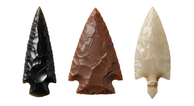 Ancient arrowheads showcasing diverse shapes and materials from different cultures isolated on transparent background