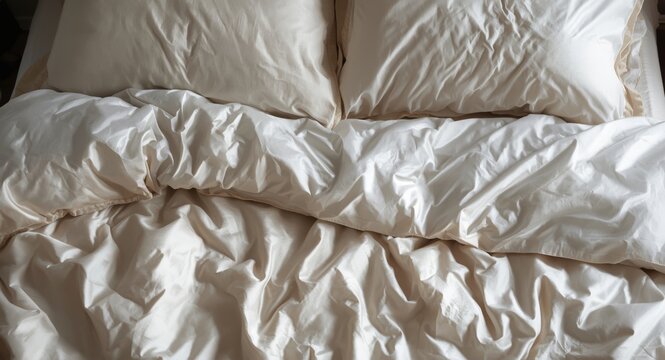 Unmade bed featuring satin sheets and plush pillows with crumpled duvet cover