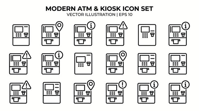 Modern ATM and Kiosk Icon Set: Vector illustrations for banking, self-service machines, cash withdrawal, payments, and card transactions