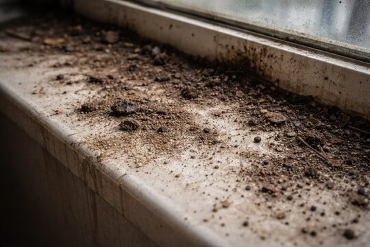 grime and soil accumulation on a pale windowsill surface