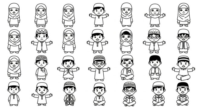Collection of Cartoon Muslim Children in Various Poses.