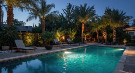 Fototapeta premium Stylish backyard setting with palm trees, a shimmering pool, and cozy lawn chair seating
