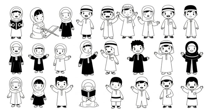 Collection of Cartoonish Arab Children in Traditional Attire.