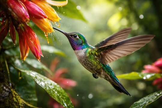 Joyful colibri hummingbird sipping nectar from vibrant rainforest flowers