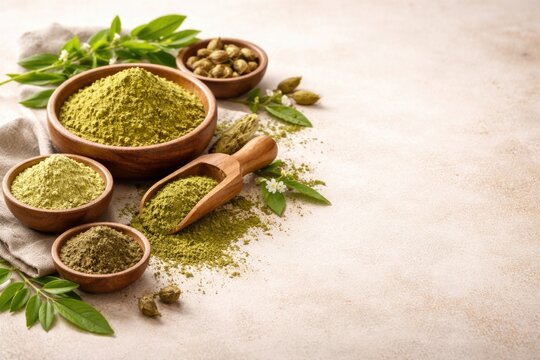 Henna powder varieties displayed on a soft light textured backdrop with copy space