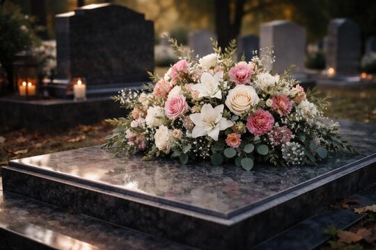 Floral Arrangement on Polished Marble Grave with Candles in Cemetery